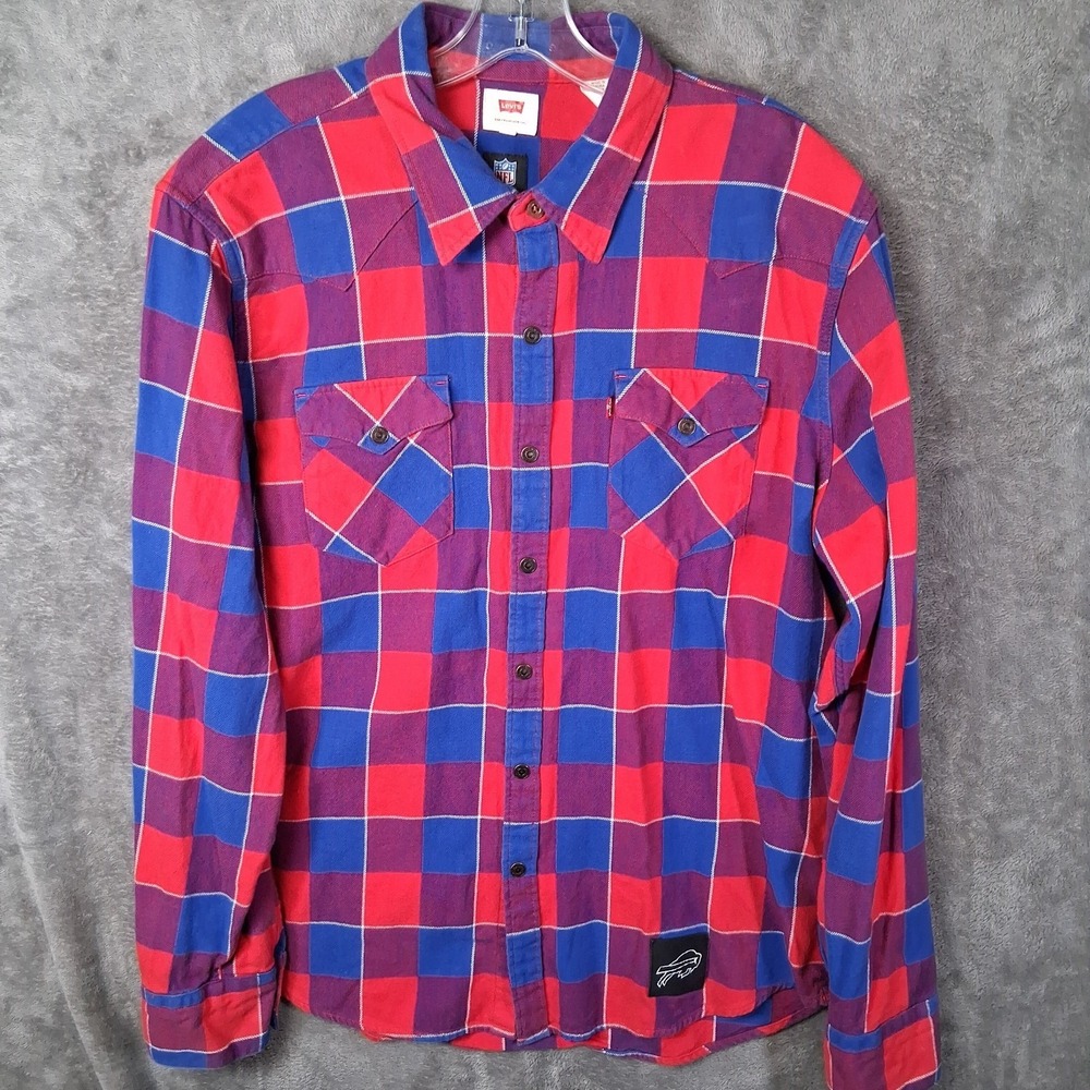 Levis NFL Buffalo Bills Flannel Shirt Men's Large Red Blue Buffalo Plaid Slim